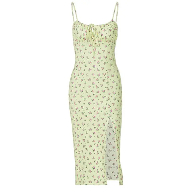 2024 Floral Print Slit Side Drawstring Sleeveless Strap Deep Square Neck Elegant Casual Dress Women Summer Fashion Wholesale