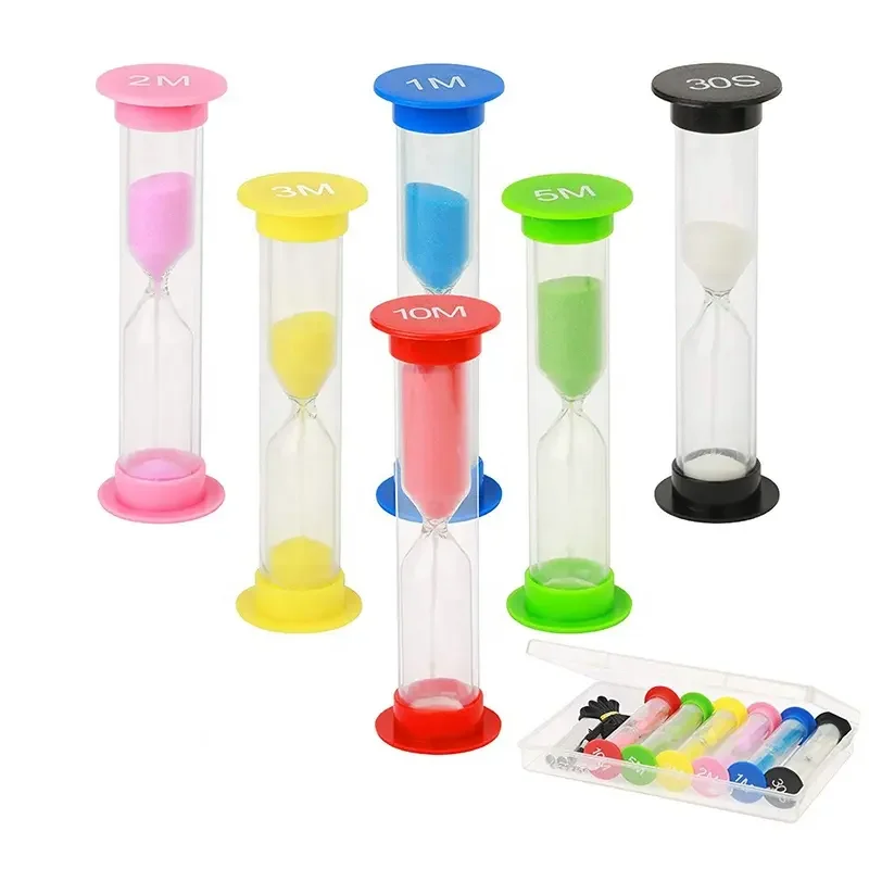 Wholesale 1 2 3 4 5 minute colorful plastic sand timer hourglass for kids toy and board game sand clock and dice