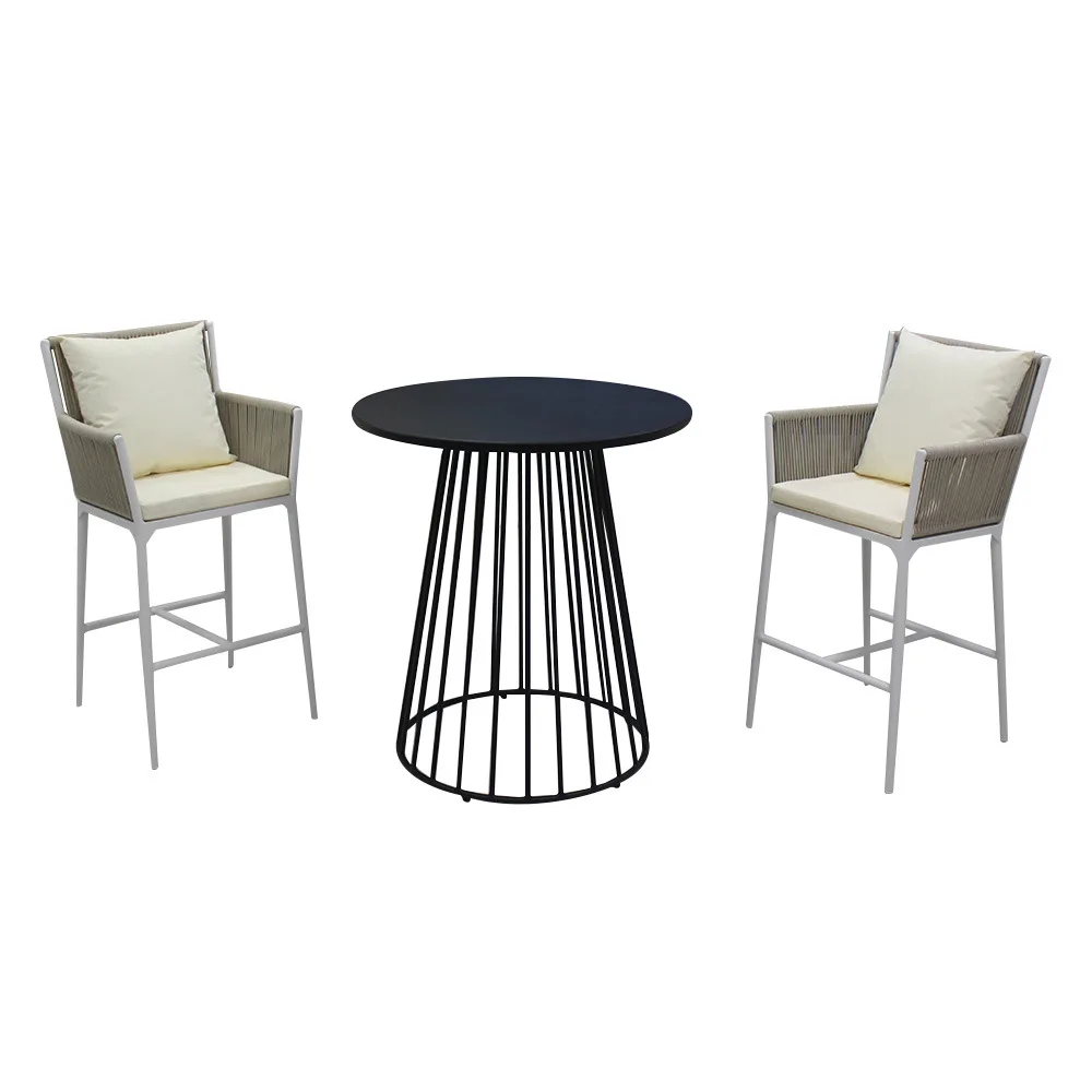 China Outdoor High Aluminum Round Bar Table Patio Pub Table Set Woven Rope Bar Stool
