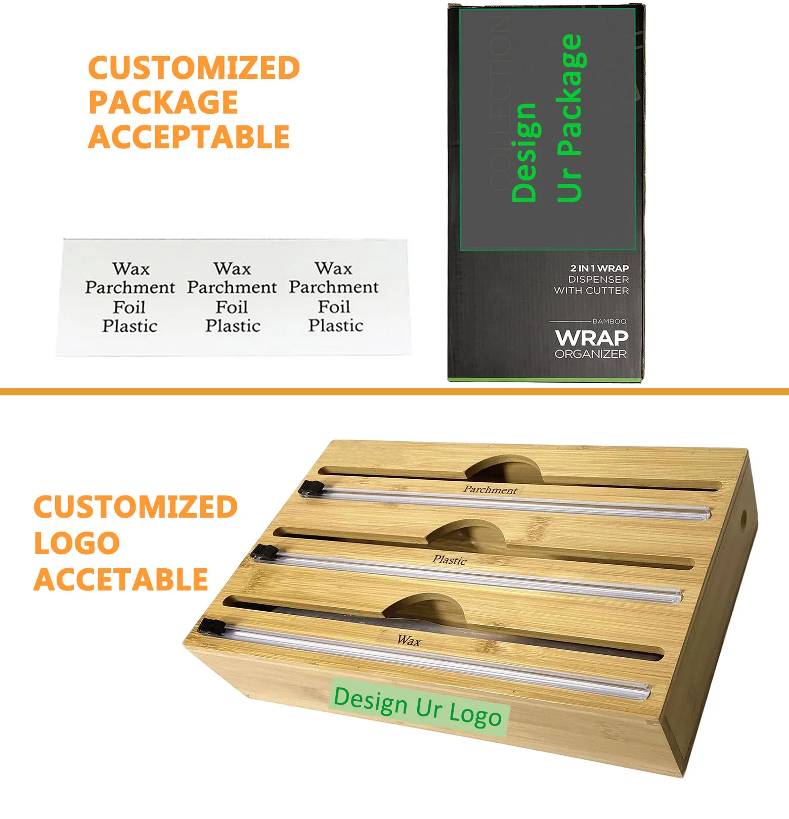 Hot Popular 3 in 1 Bamboo Plastic Wrap Dispenser with Cutter, Aluminum Foil, Wax Paper Roll Organizer for Kitchen Drawer