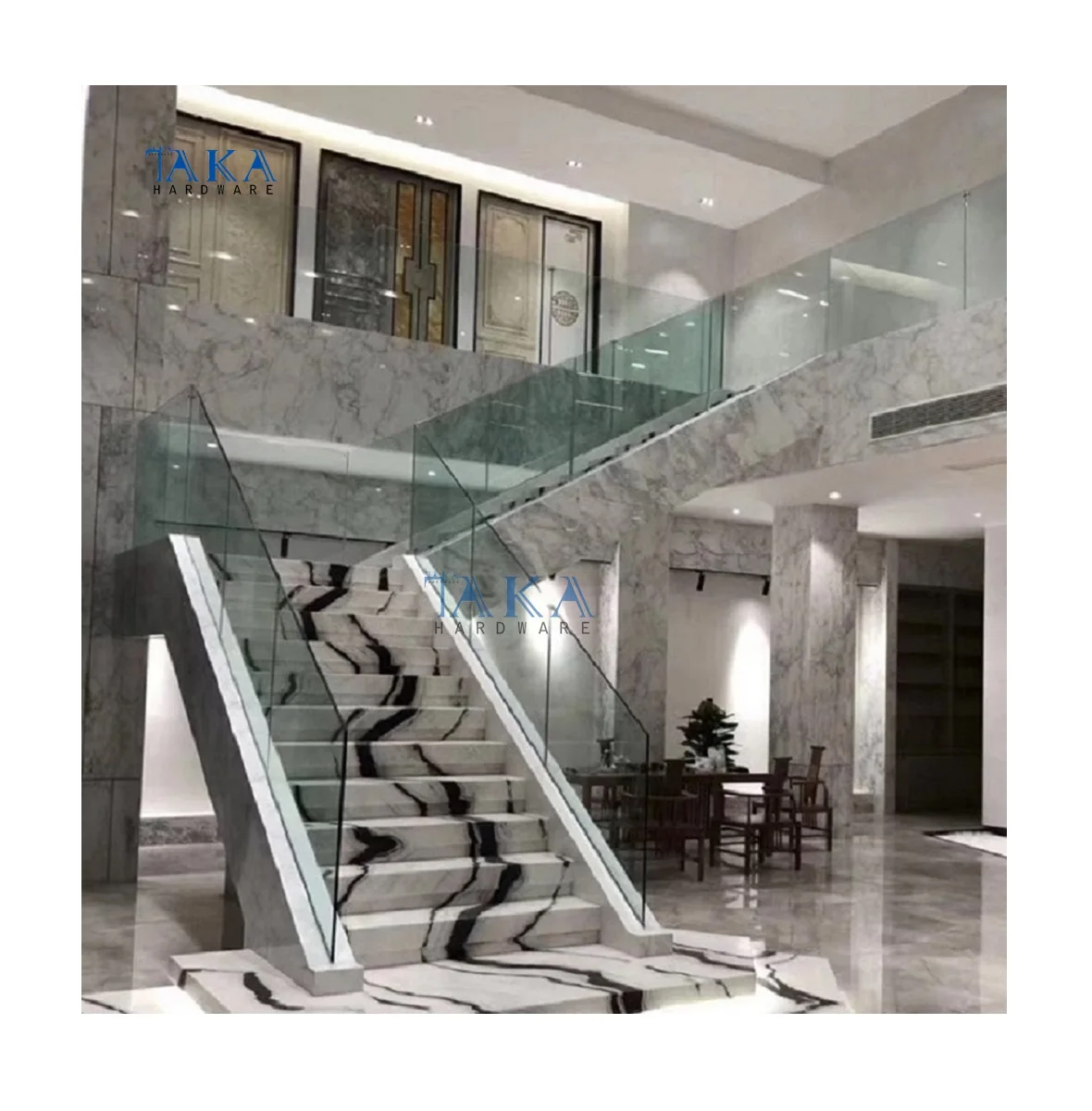 Luxury Design Glass Staircase Marble Steps Floating Stair Indoor Panda White Marble Treads Straight Stairs