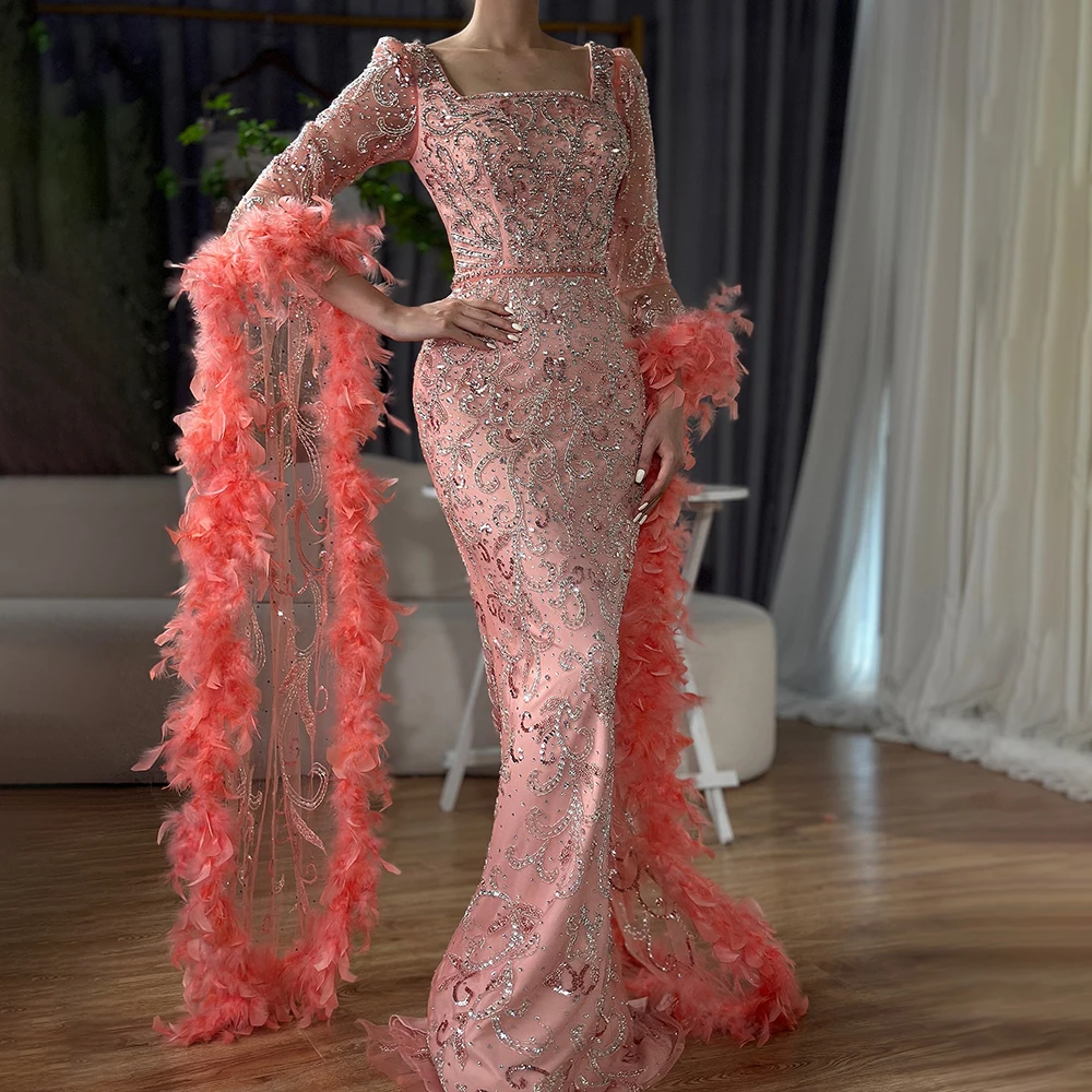 Flared Sleeves Mermaid Peach Beaded Feather Evening Dresses Serene Hill LA72767 Formal Party Gowns For Women