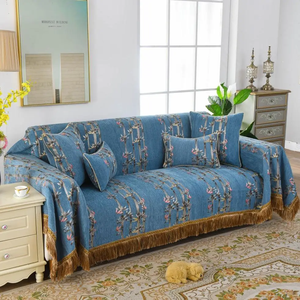 Drop shipping bamboo rhythm household tassel loveseat chenille couch cover Pets Kids Furniture Protector sofa cover