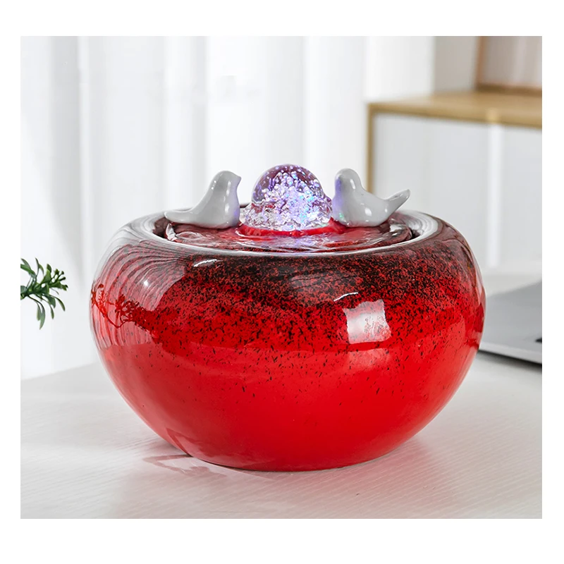 Indoor Tabletop Decoration Small Ceramic Red Indoor Water Fountain With White Birds and Ball