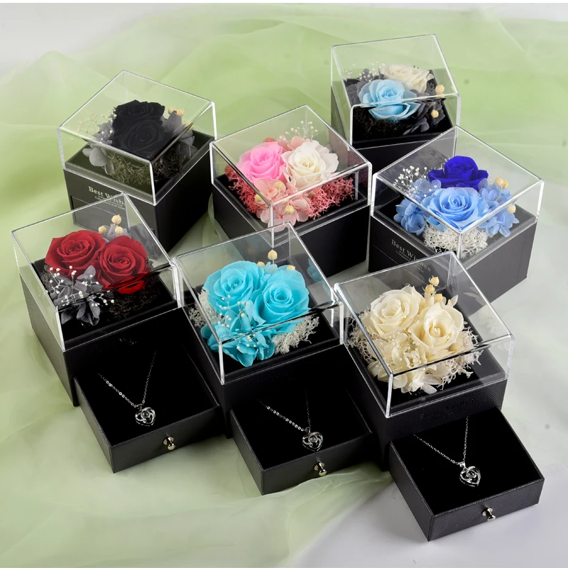 Wholesale Custom Transparent Box with Drawer and Necklace Real Eternal Preserved Roses In Acrylic Jewelry Box