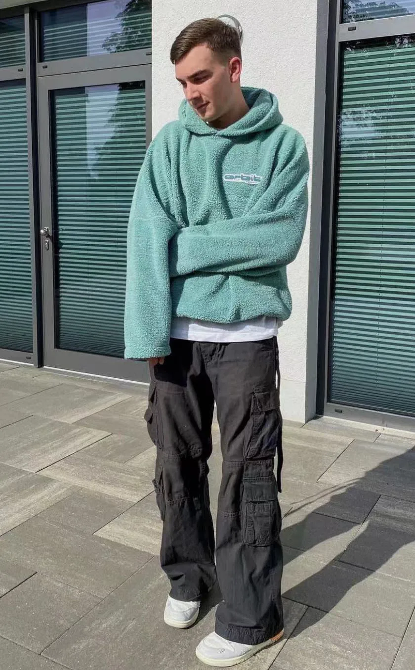 Mens Hoodies Solid Color No Pocket Oversized  Sweatshirts Hooded Streetwear Custom Embroidery Sherpa Fleece Hoodie For Men