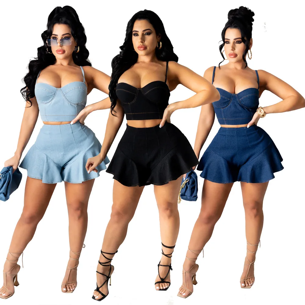 
2021Hot sale Solid Bodycon Sexy jeans Halter Crop Top And Ruffles Shorts Two Piece Short Set Summer JS Club Outfit For Women 