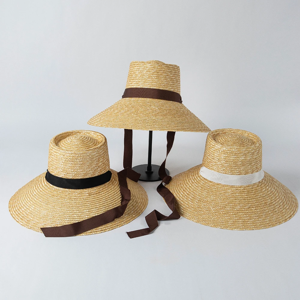 100% Natural Straw Extra Wide Brim Hat With Ribbon Tie Summer Sun Hat Custom Logo OEM Available