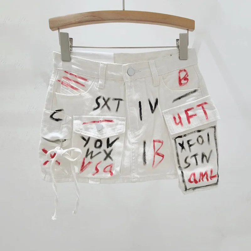 wholesale fashion asymmetrical blue cargo jean skirts high waist Graffiti short mini denim skirt women