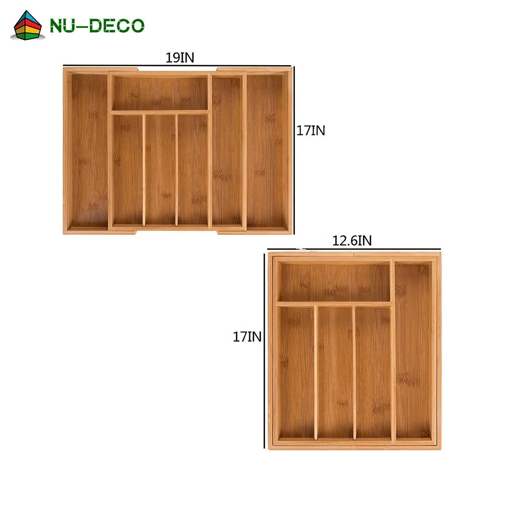 100% Натуральный Бамбуковый растягивающийся кухонный Регулируемый лоток для столовых приборов, ящик-органайзер с ножом-блоком