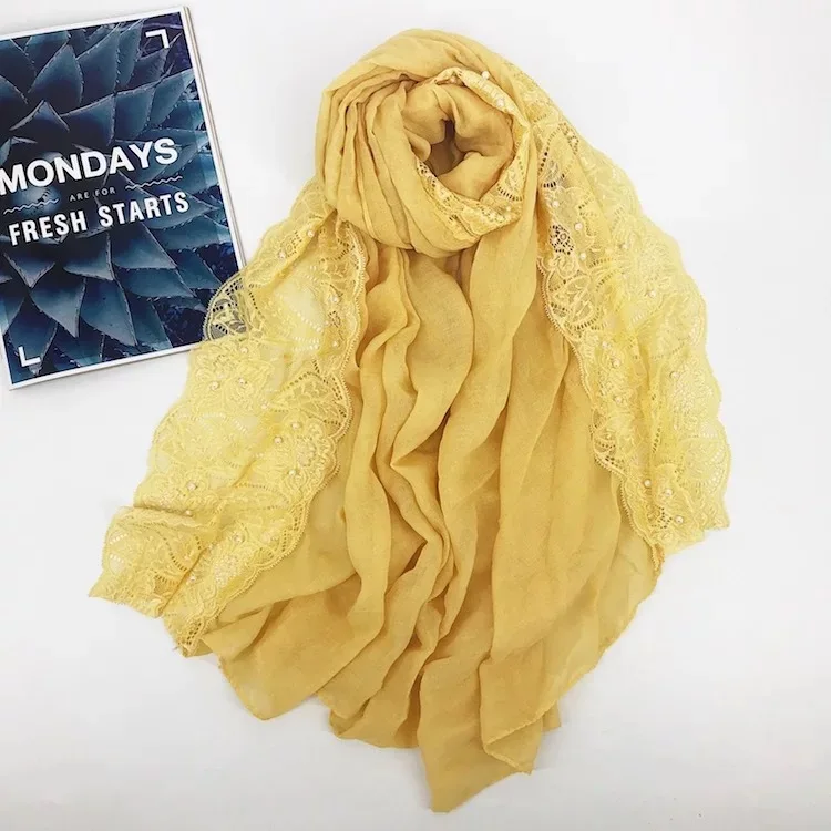 Most popular hijab with lace and beads elegant long lace shawls for fashion women