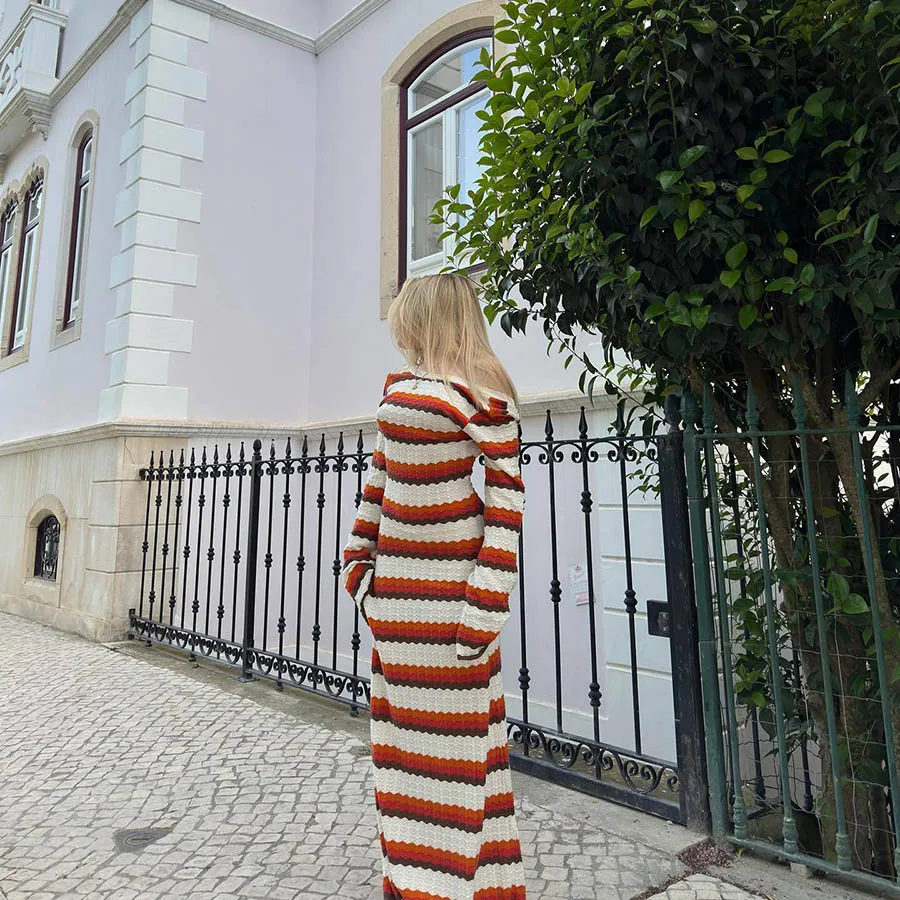 Summer Knitted Stripe Women Sexy Beach Maxi Dress Y2k Evening Party Flare Sleeve Bodycon Long sweater dress women clothing
