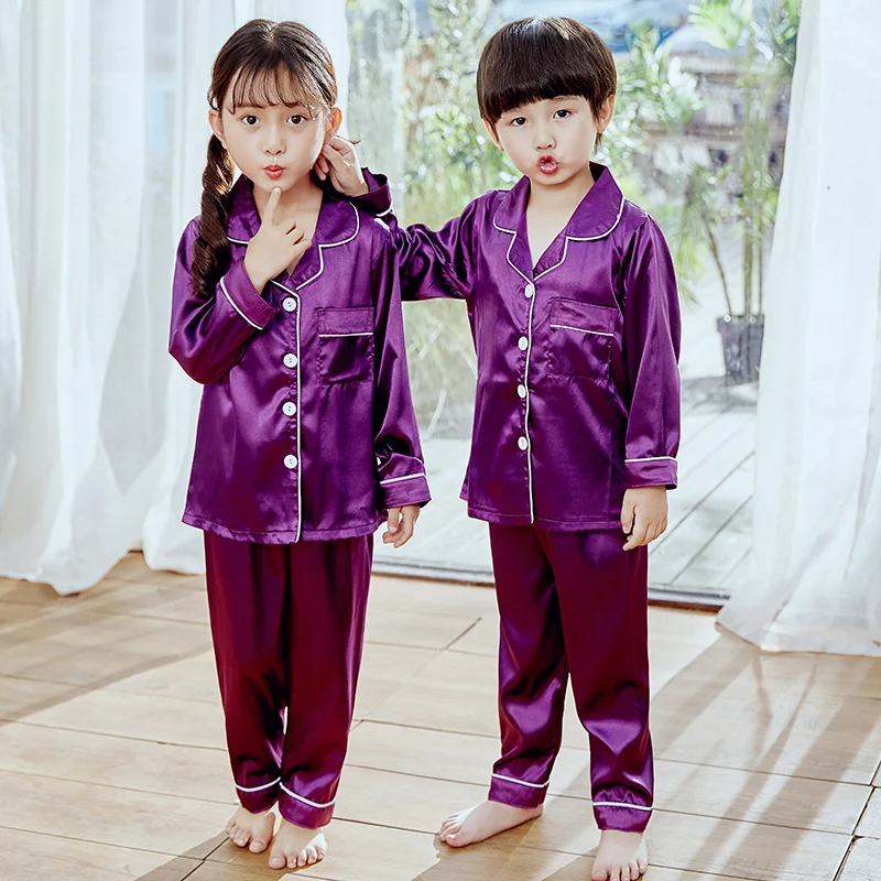 High quality Satin Pajamas Little Girls Boys Classic Silk night Sleepwear Set Clothes Long Sleeve Kid