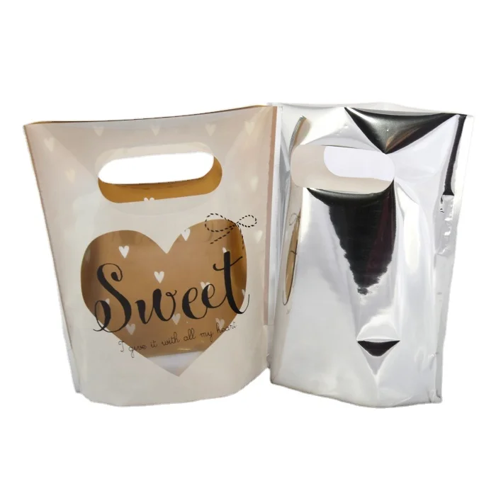 Custom cosmetic pouch die cut gold foil gift silver back handle plastic bag with bottom gusset metallic reusable shopping bag