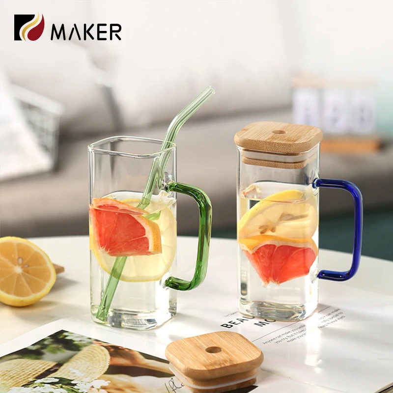 400ml Empty High Borosilicate Square Clear Glass Handle Straw Drinkware Bottle Cola Juice Milk Tea Water Cup With Bamboo Lid