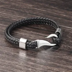 Innovative Products 2020 Stainless Steel Two Layers Genuine Leather Mens Fish Hook Bracelet