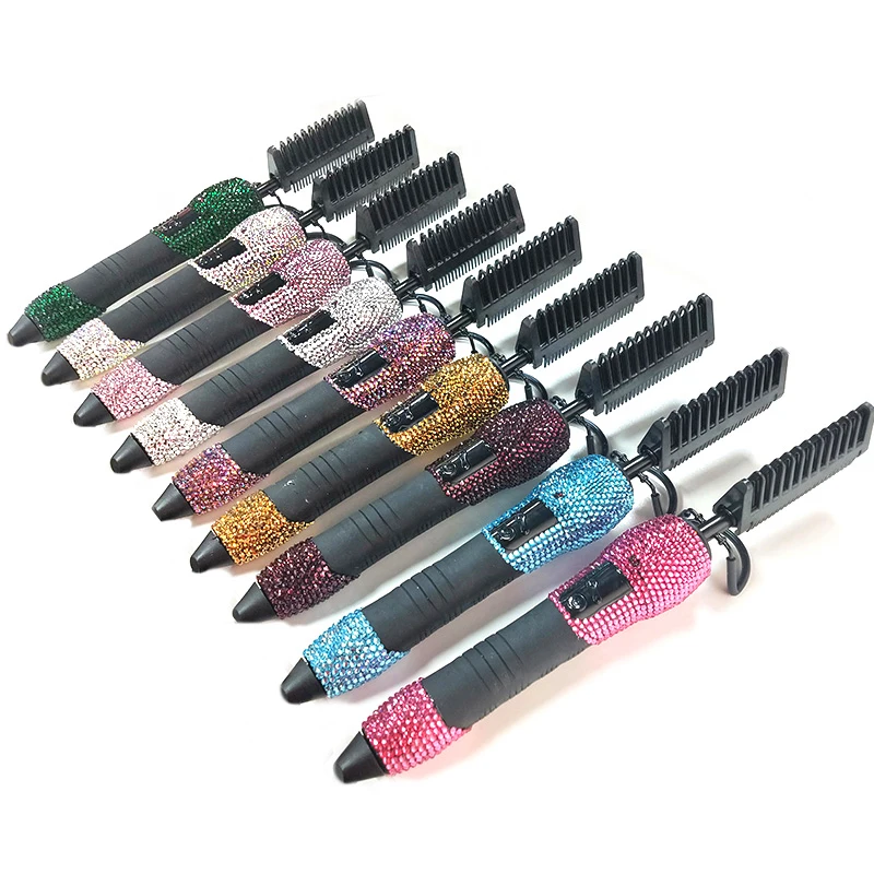 
Private label custom professional crystal electric hot comb iron straightening bling pink hot comb 500 degrees 