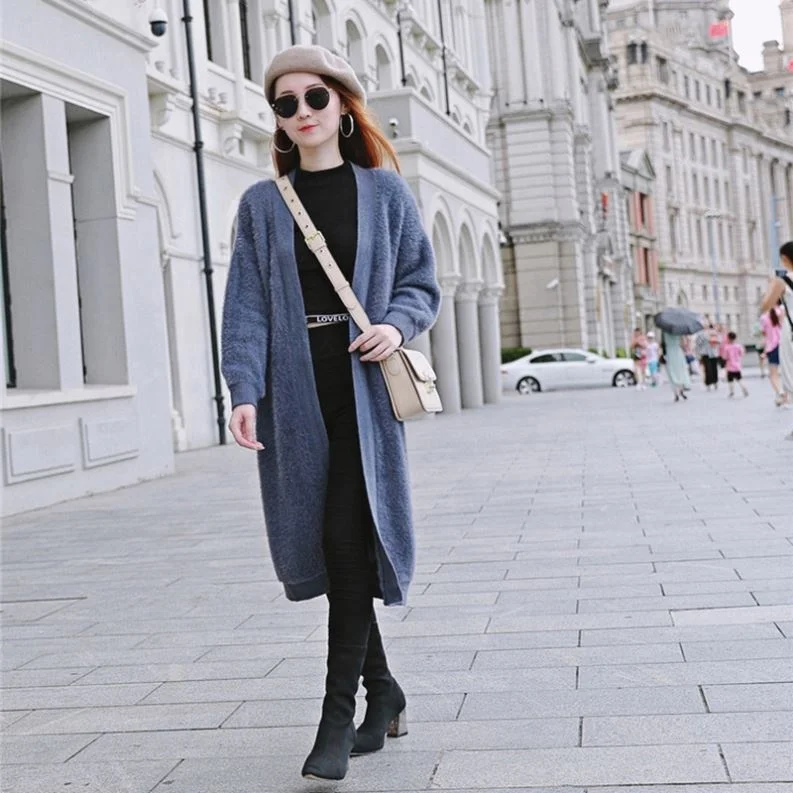 Hot Sale Women Winter Mohair Long Sweater Cardigan Lady Knitted Thick Coat Jacket