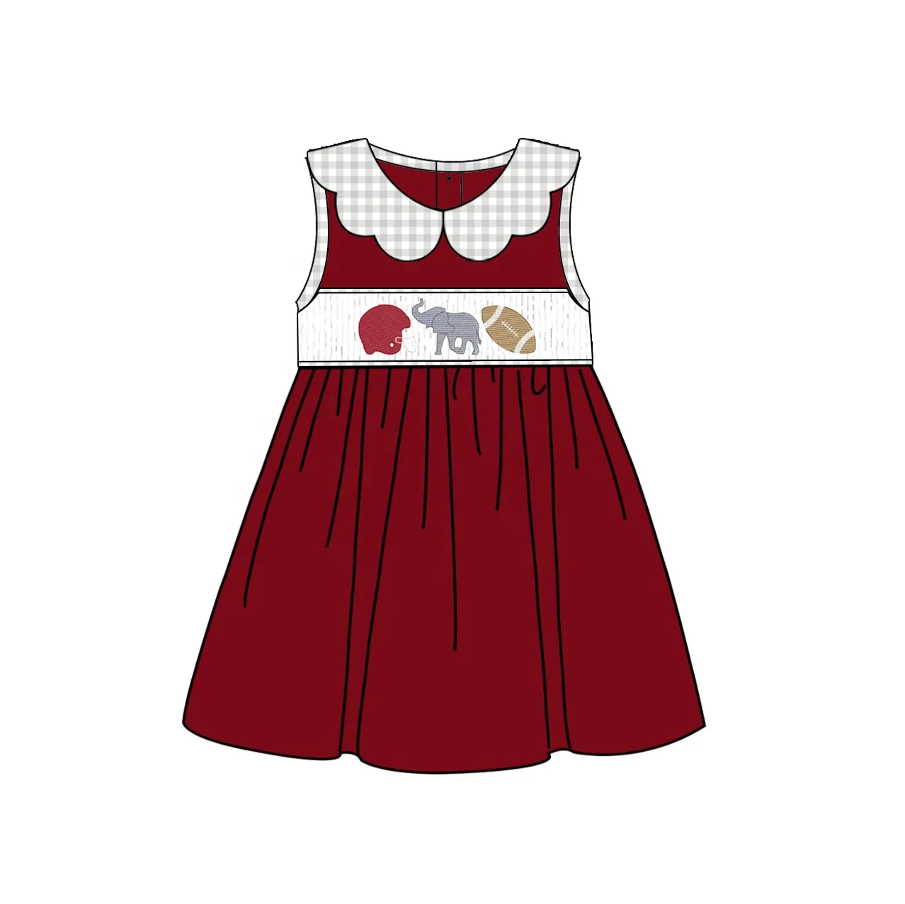 Puresun custom football team smocked children clothing scalloped collar little girl cotton dress with elephant embroidery
