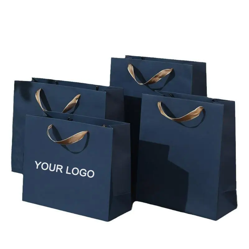 Customized Printed Blue Color Ribbon Handle Luxury Shopping Decorate Gift Paper Bag with Logo