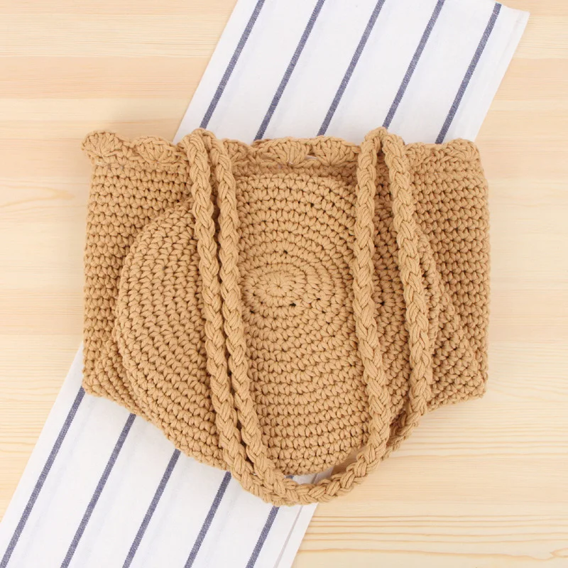 Fashion Boho Crochet Knitted Drawstring Bag Summer Beach Casual Tote Handbag Women Vacation Handmade Eco Friendly Shopping Bag