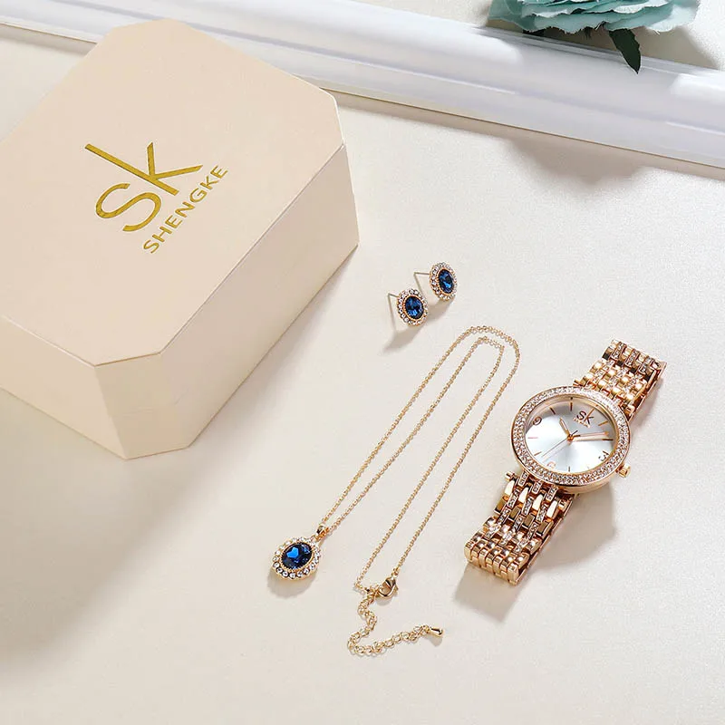 SHENGKE SK Luxury Jewelry Watches Set Bracelets & Bangles Watch Earring Necklace Jewelry Sets Box Dress Watches Sets Women SEIKO