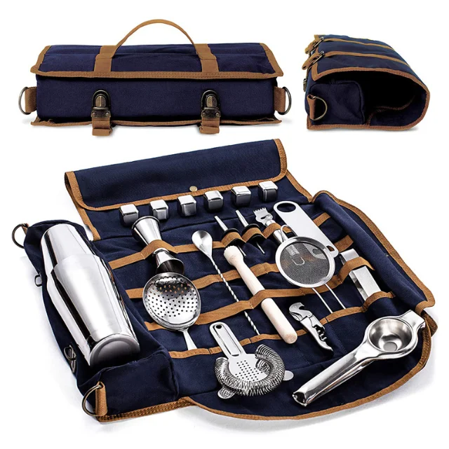 Heavy duty bartender kit stainless steel tool set rolling tote storage bar tools shaker for bartender kit pouch