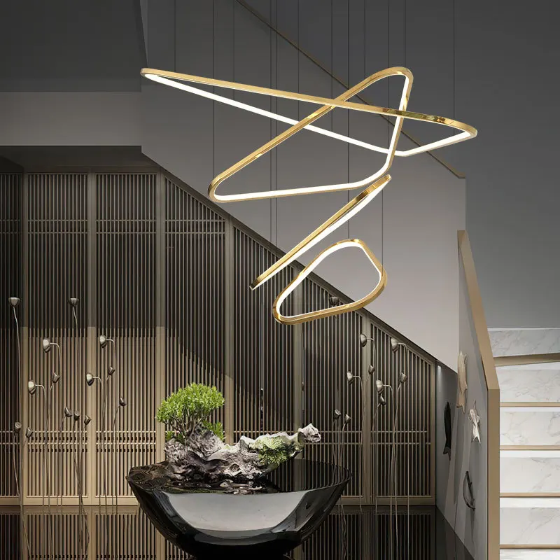 Modern Staircase Chandelier Restaurant Lighting Fixture Gold 4 Ring Circle Aluminum Acrylic LED Chandelier Pendant Light