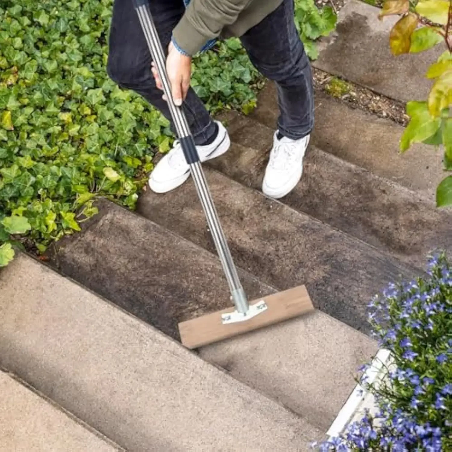 Floor Cleaning Brush with Stainless Steel Wire, Long Handle Outdoor Broom for Concrete, Moss, Stone Surfaces