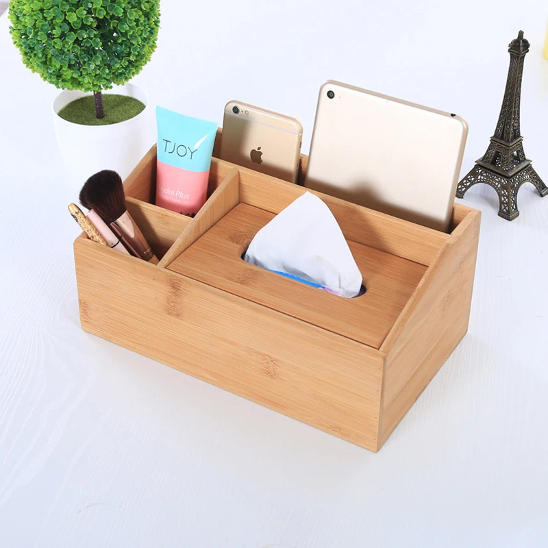 Multi-purpose Bamboo Wood Desktop Storage Box makeup pen mobile phone Bamboo Storage Tissue Box