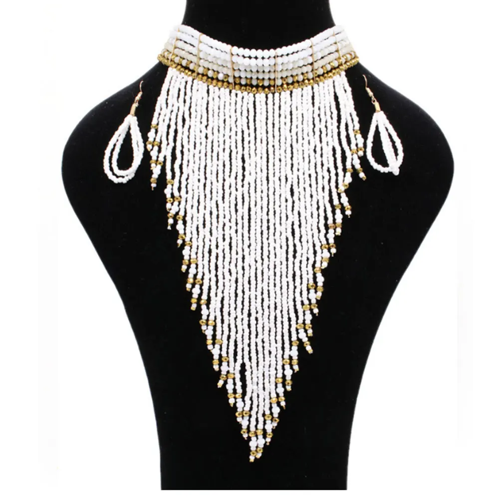 Traditional ethnic zulu collier femme africain South Cascade Zulu maasai beaded fringe long pendant necklace earring jewelry set
