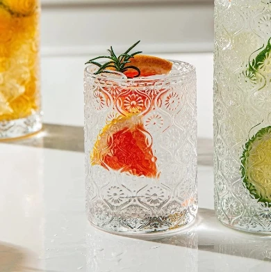 Vintage Bohemian wine glass set, luxurious flower relief decoration, transparent glassware