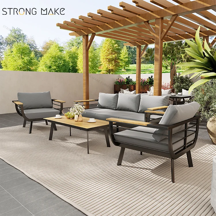 Modern Aluminum Table And Sofa Set Waterproof Outdoor Teak Patio Lounge Couches Furniture Garden Sectional Sofa Set