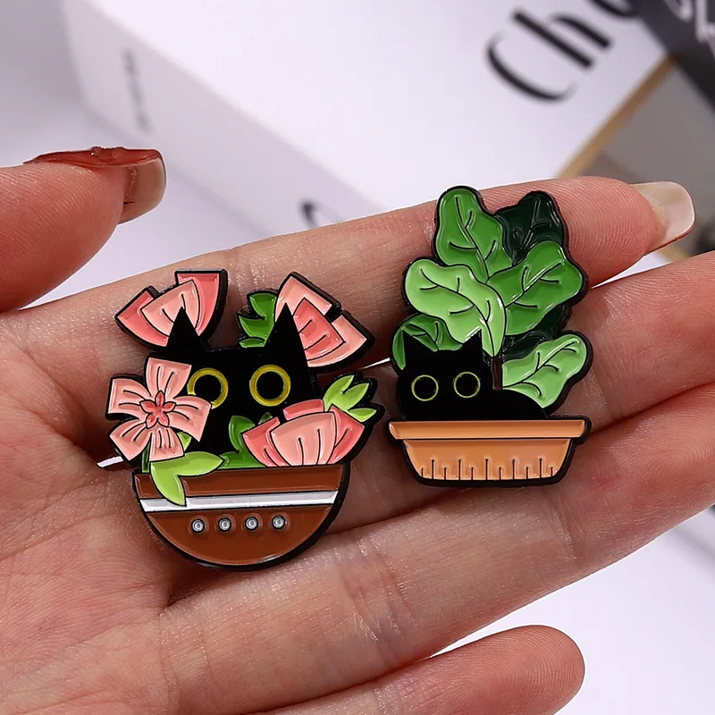 Wholesale Black Cat Brooch Custom Cat in Green Potted Plant Cute Fun Metal Cartoon Lapel Badge Soft Enamel Pin Bag Accessories