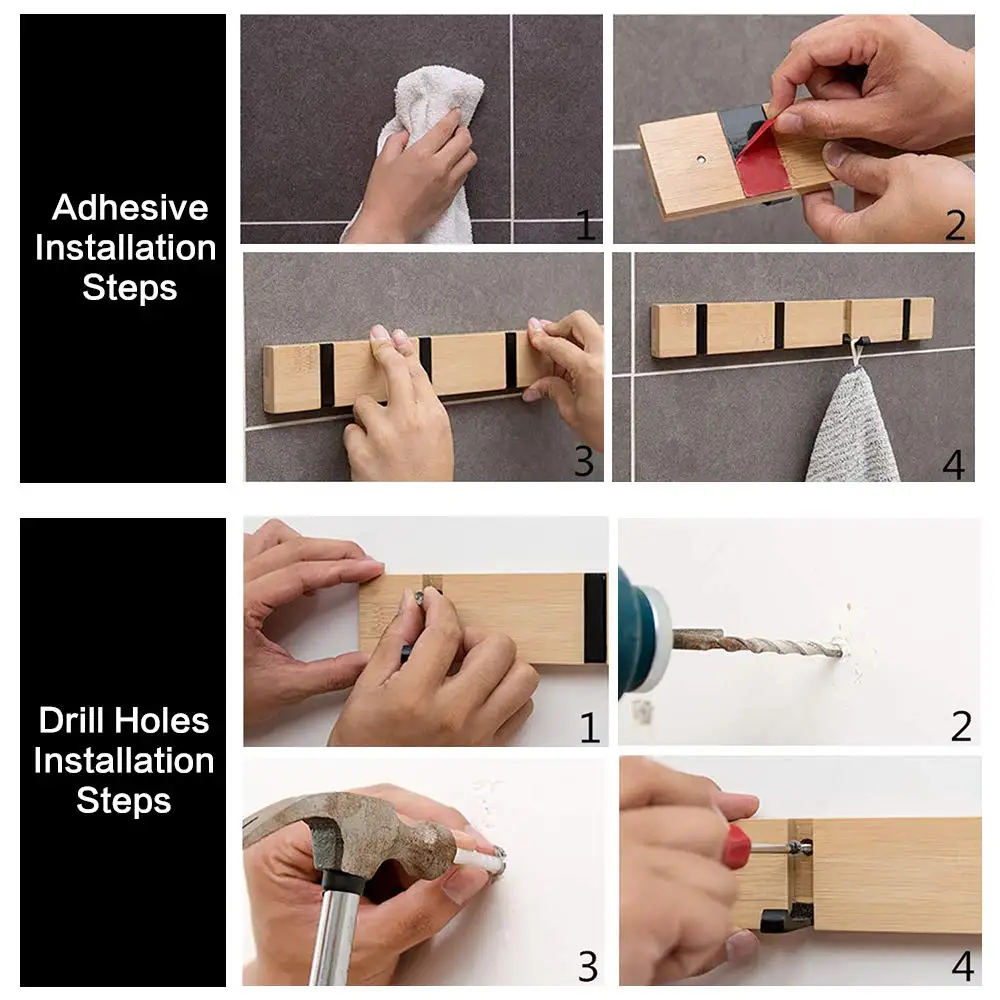 Bamboo Wall Mounted Coat Rack with Retractable Hooks