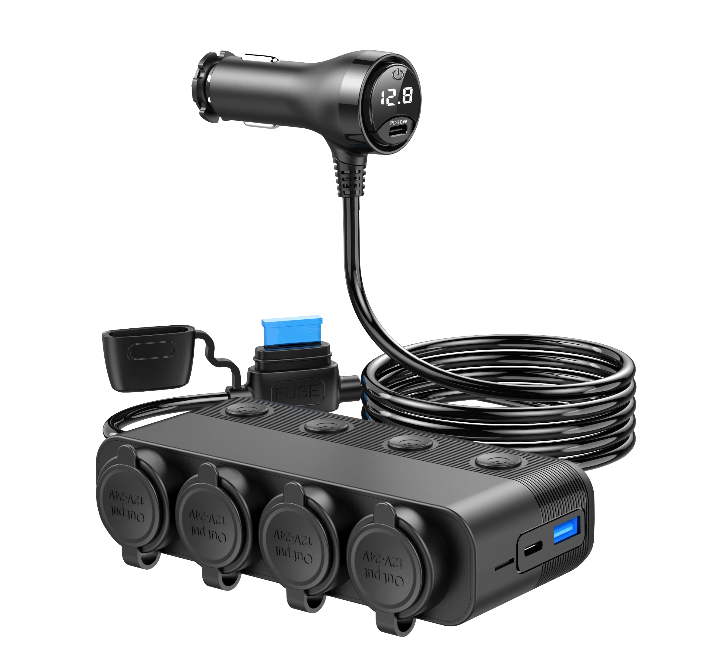 216W 4 Socket Car Charger Extensions 12V/24V Splitter with Dual PD 30W QC 3.0 Fast Charger Car Cigarette Lighter Adapter