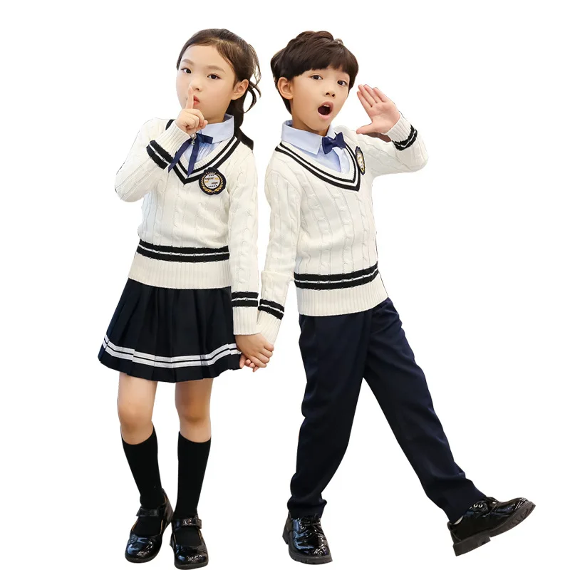 Factory Hot Selling Primary And Secondary School Students Long Sleeve Knitting British Style School Uniform Set 3 Pieces Oem