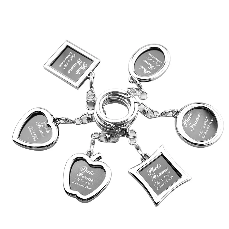 Promotional Photo Frame Round heart apple Square Shaped Blank Metal Bulk Photo Keychain Chain Ring
