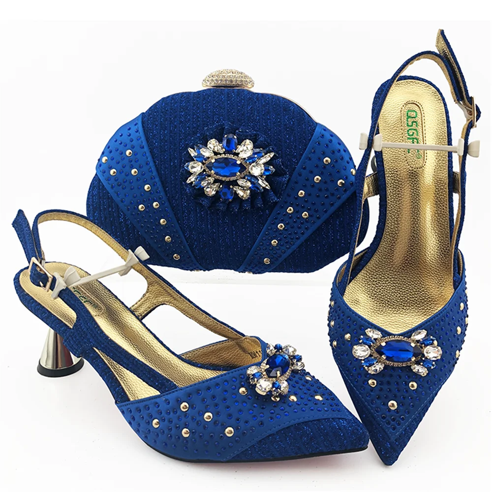 Italian style ladies party shoes with matching bags set flat heel platform shoes decorated with stones  EF39
