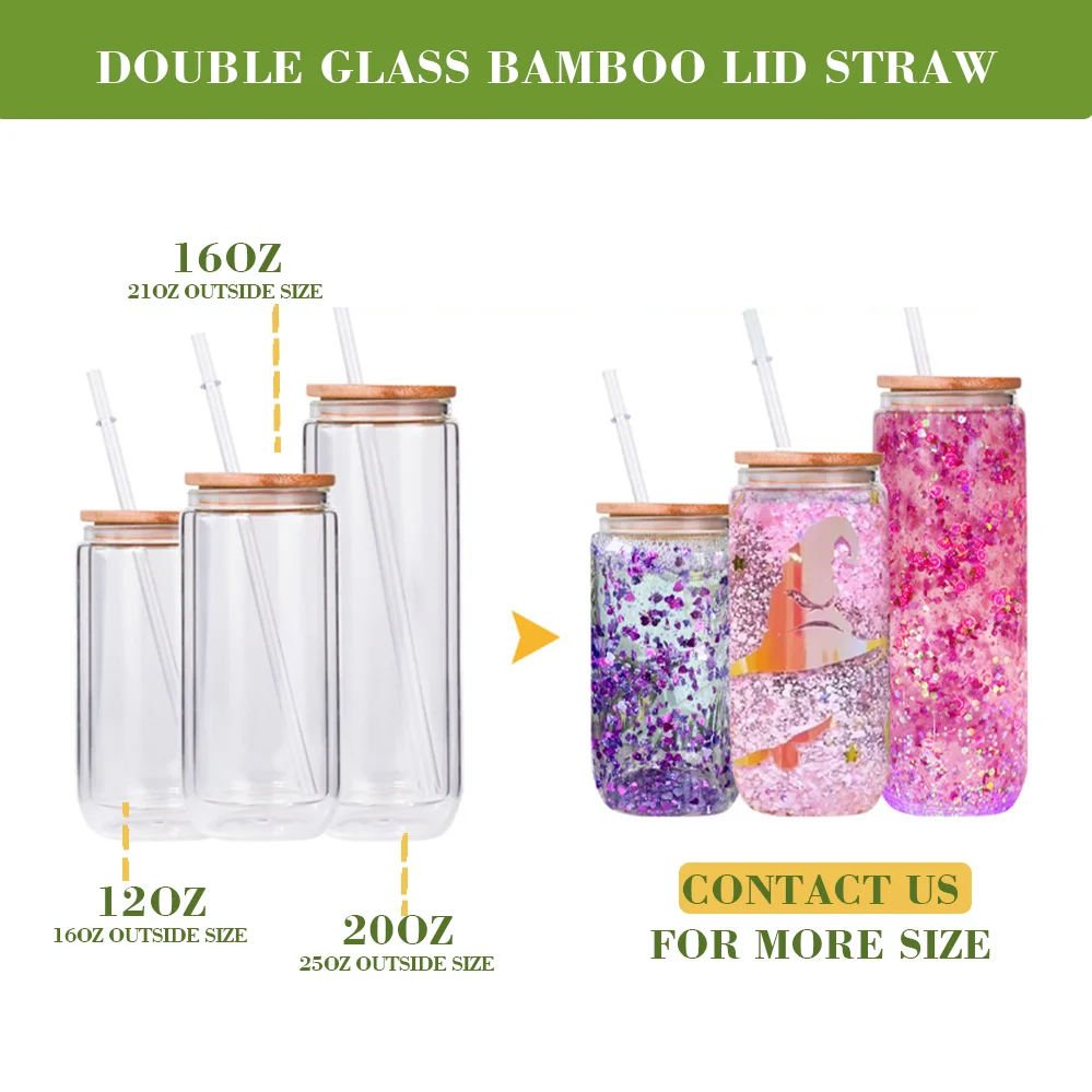 Amazon best selling Double Wall Sublimation Custom Logo Classic Can Glass Snow Globe Mug Cups with Bamboo Lid and Straw Reusable