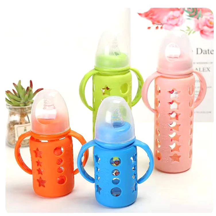 Hot Sell BPA Free Baby Glass Bottle Anti Colic Wide Neck With Detachable Handle Feeding Bottle For Newborn Infant Toddler
