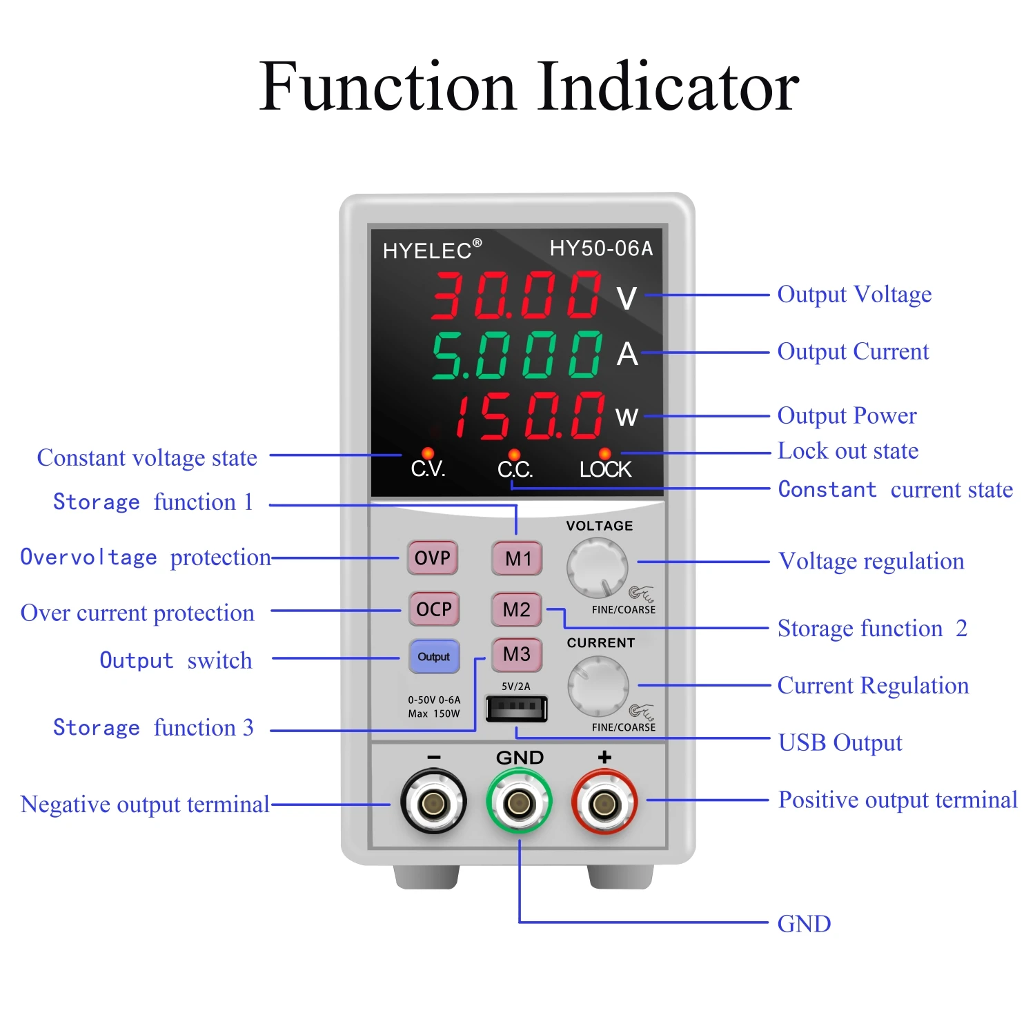Variable DC Power Supply, Hyelec 50V 6A 150W adjustable switching bench power supply with 4 digits dual color LED display,