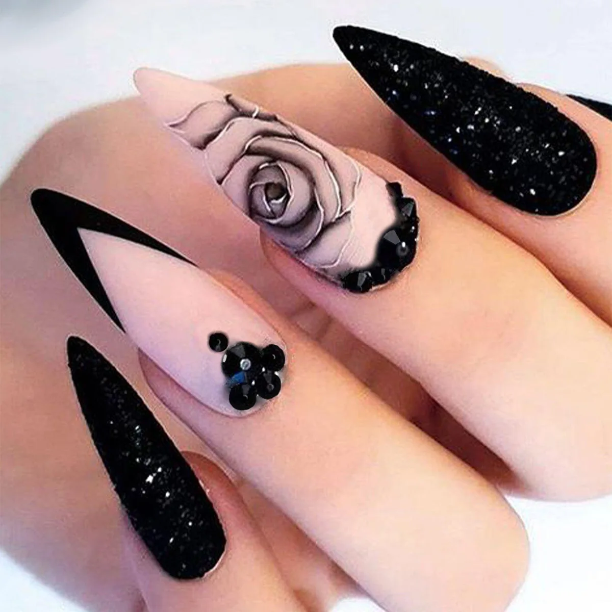 High Quality Long Blackness Nails Rose Nail Painting French Press On Nail For Decoration