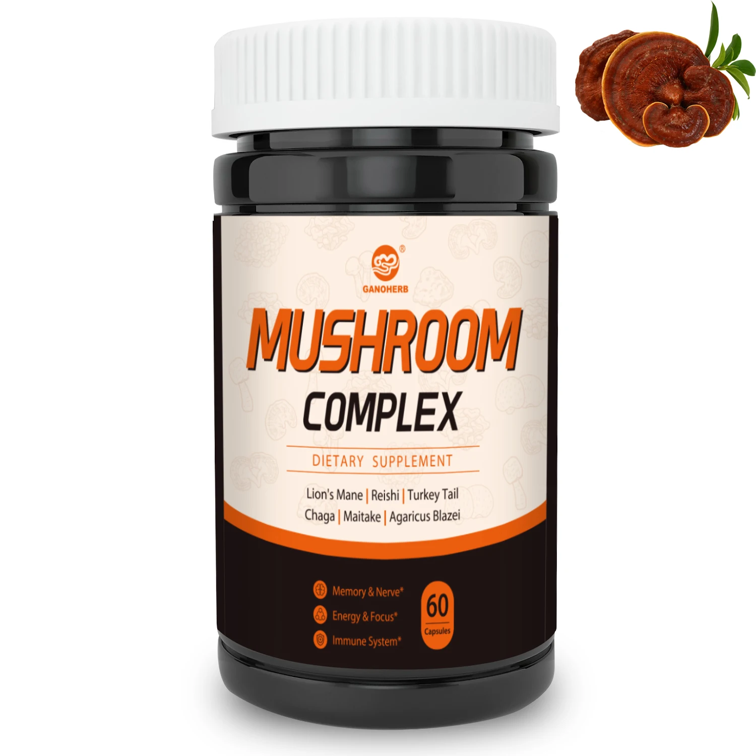 GANOHERB Suplemento Organic Multi Mushroom 6 in 1 Complex Capsule for Immue System Improving With Reishi Liions Mane Chaga