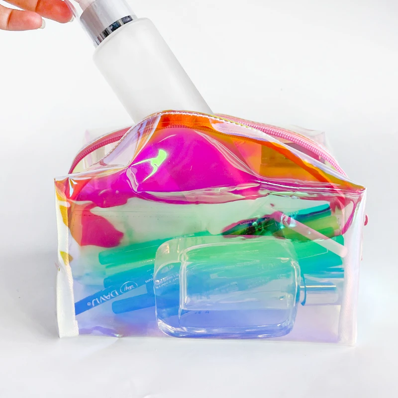 Hot Fashionable Holographic Waterproof Ladies Cosmetic Bag Rainbow Colored Portable Travel Storage Bag