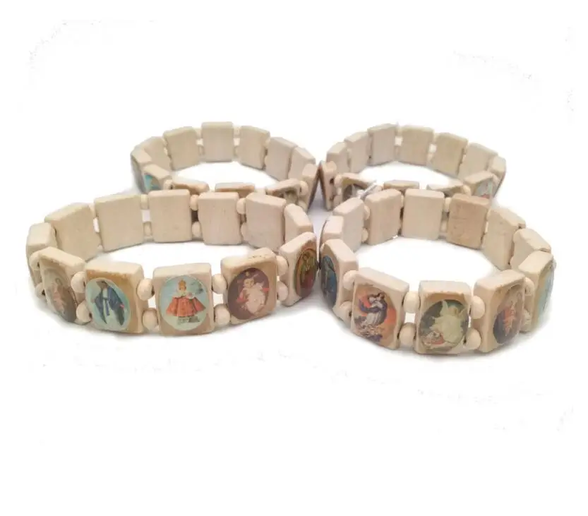 
Spot Religious Catholic Ornaments Christian Supplies Wooden Icon Drops Elastic Rosary Bracelets 