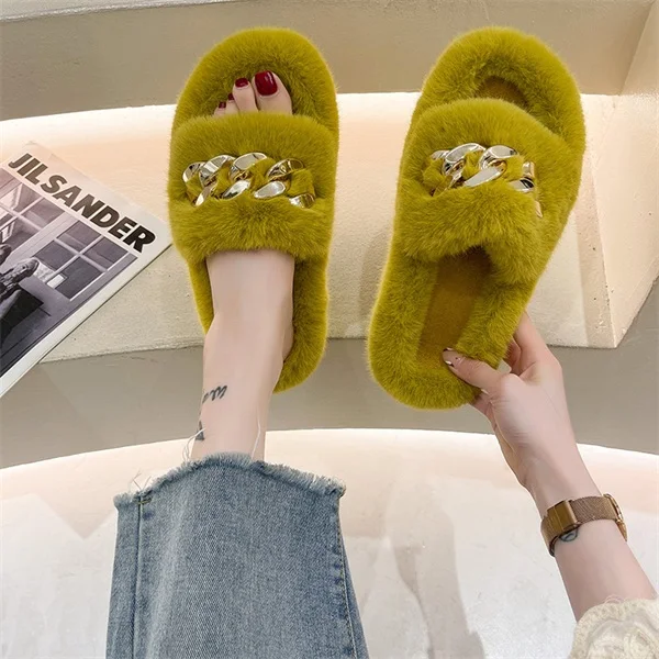 Thick-Soled Crossover Plus Size Closed Toe Women Slippers Ladies Fluffy Slippers