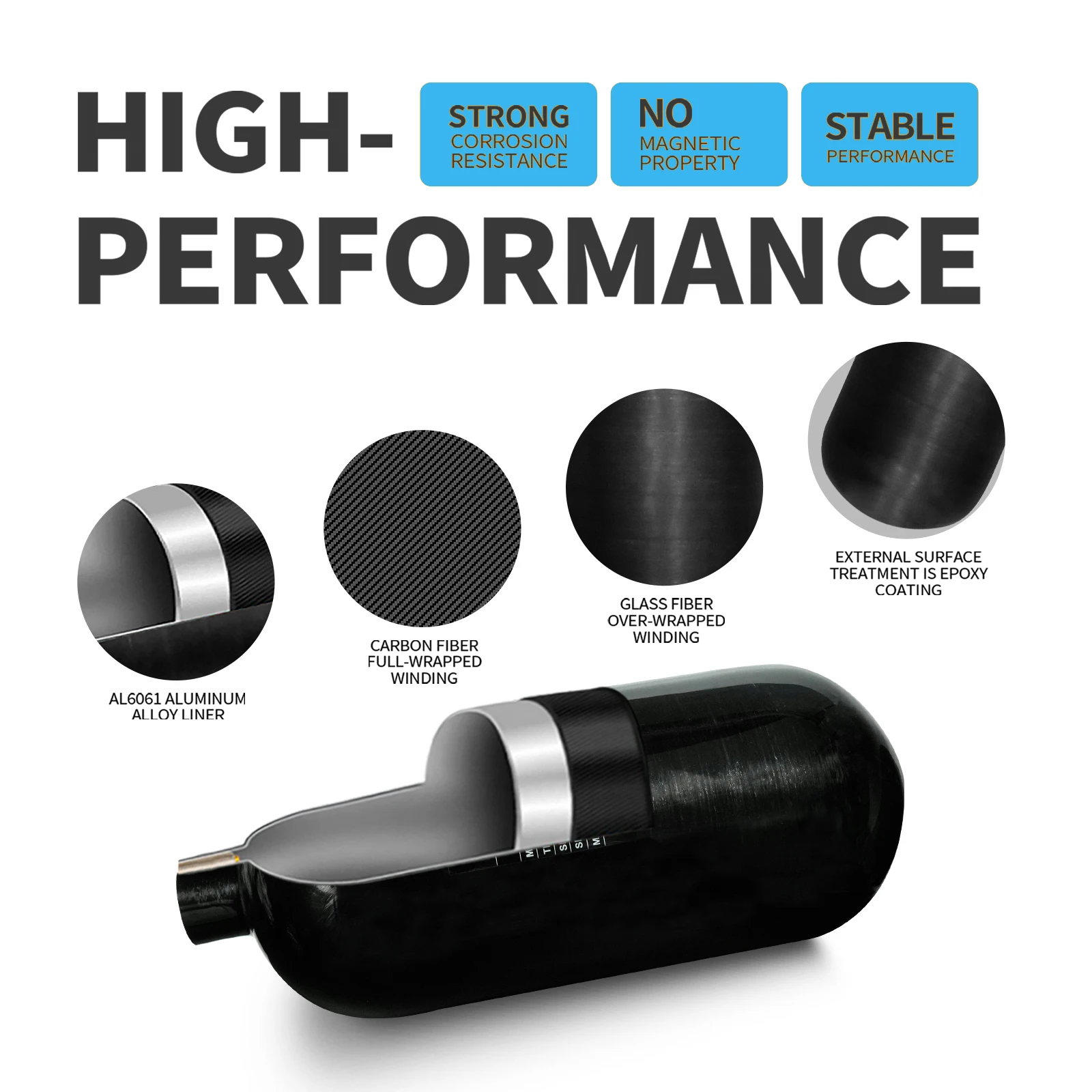 GP OEM High Temperature Resistance 2.5L High Pressure 300bar 30mpa 4500psi Paintball Game Carbon Fiber Air Tank Gas Cylinder