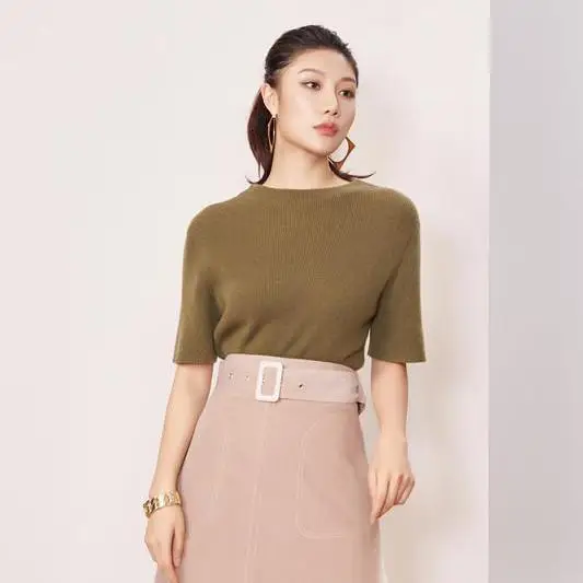 Fashion Design Half Sleeve Half Turtleneck 100% Cashmere Pullover Sweater for Women