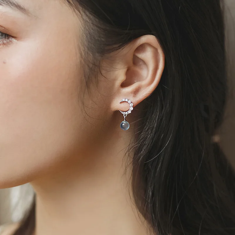 Crescent Moon Star Studs Earrings for Women Sterling Silver 925 Natural Crystal Stud Jewelry Gift for Women Teen Stud Earrings